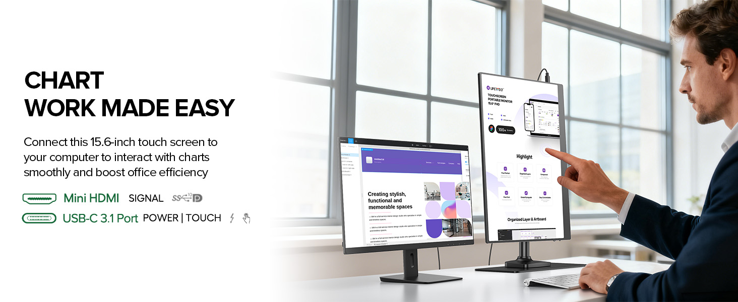 UPERFECT Портативний монітор з сенсорним екраном 15.6' FHD, 125% sRGB, матове покриття, 2000:1 контрастність, VESA, Dual USB-C, для ноутбука/телефону/ігрової консолі