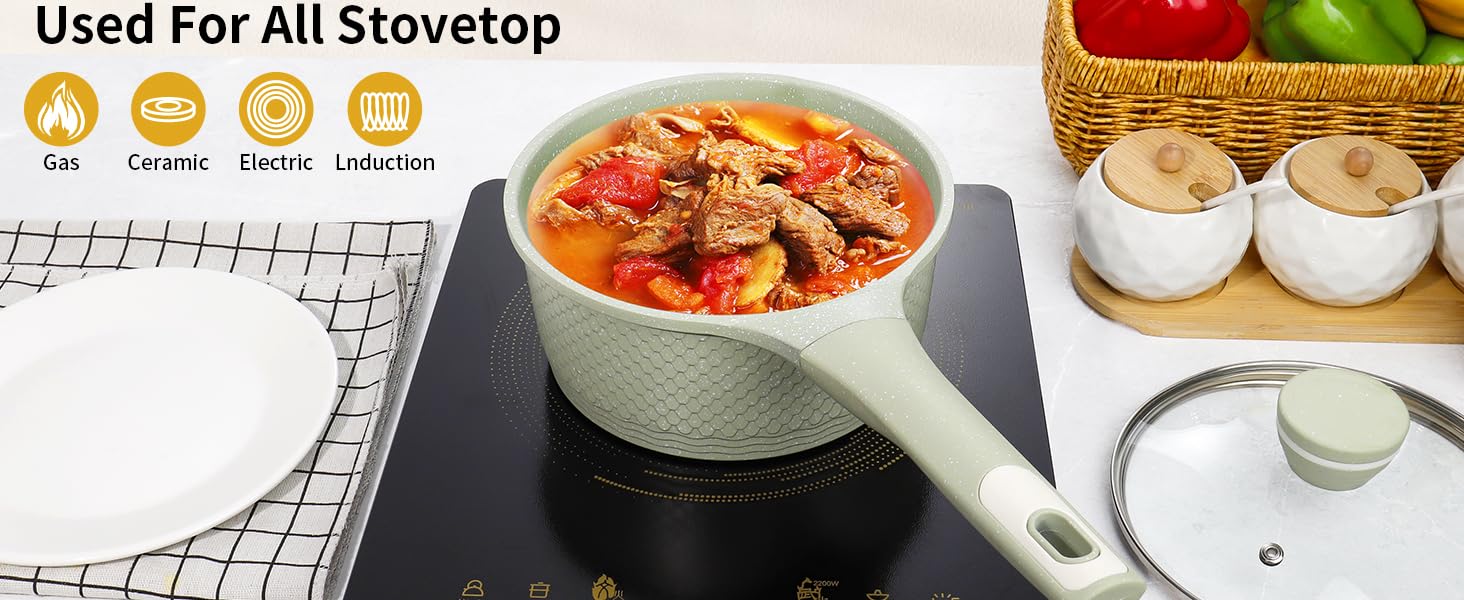 Каструля з кришкою 16 см, 1.5 л, з антипригарним покриттям Stielka | Підходить для всіх плит, включаючи індукційну | Без PFAS та PFOA | Бакелітова ручка, скляна кришка