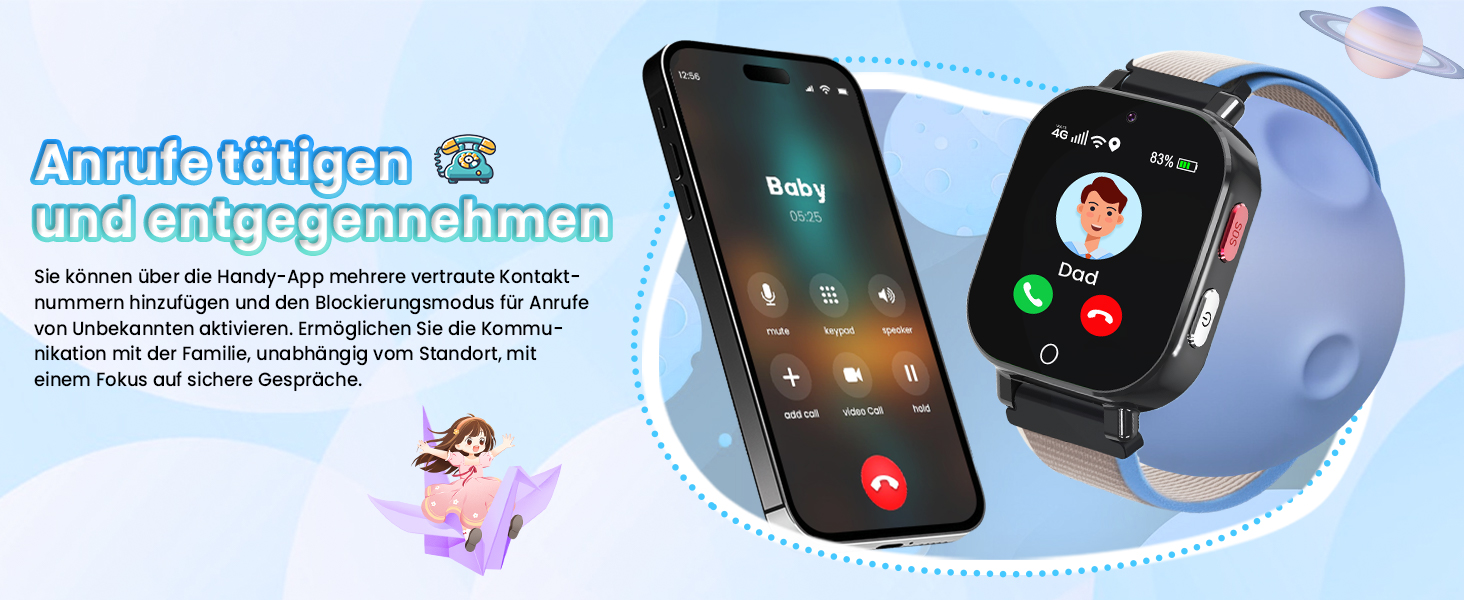 Дитячий розумний годинник 4G GPS з відеодзвінками та SOS, WiFi, крокомір, будильник, ігри, для дівчаток та хлопчиків від 4 років, чорний