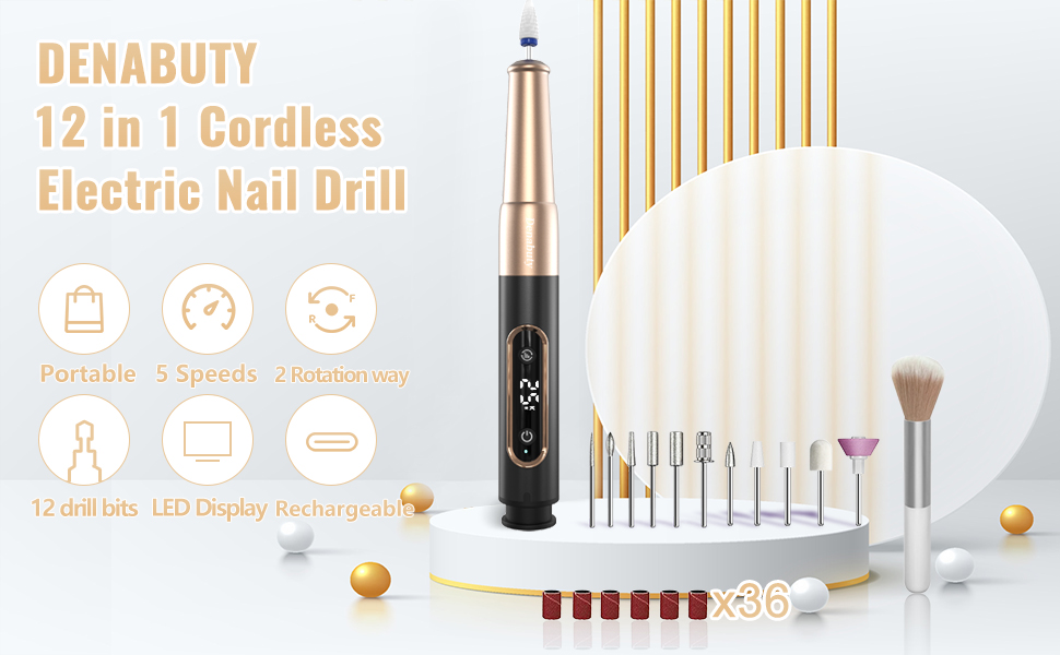 Електричний фрезер для нігтів Denabuty 12 в 1, USB, 25000 об/хв, 5 швидкостей, чорний (DN-2502Z)