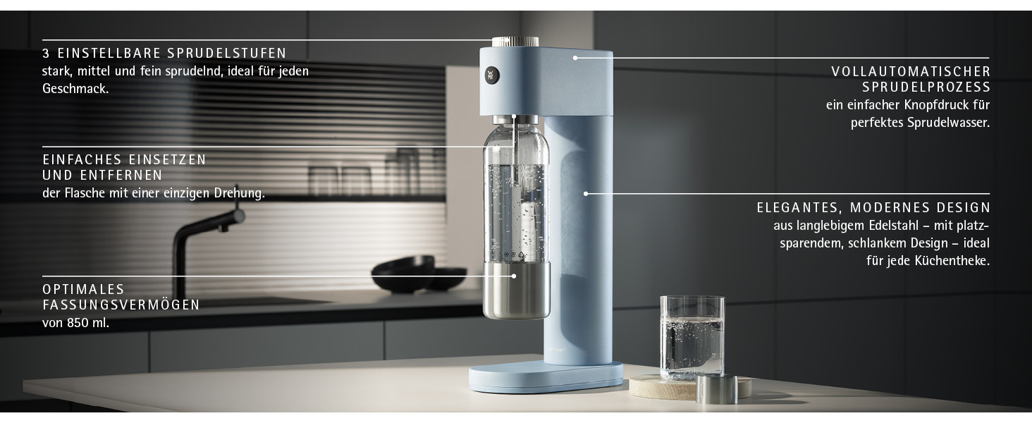 WMF Element One: Автоматичний содовий апарат з нержавіючої сталі, 3 рівні газування, лава (світло-блакитний)