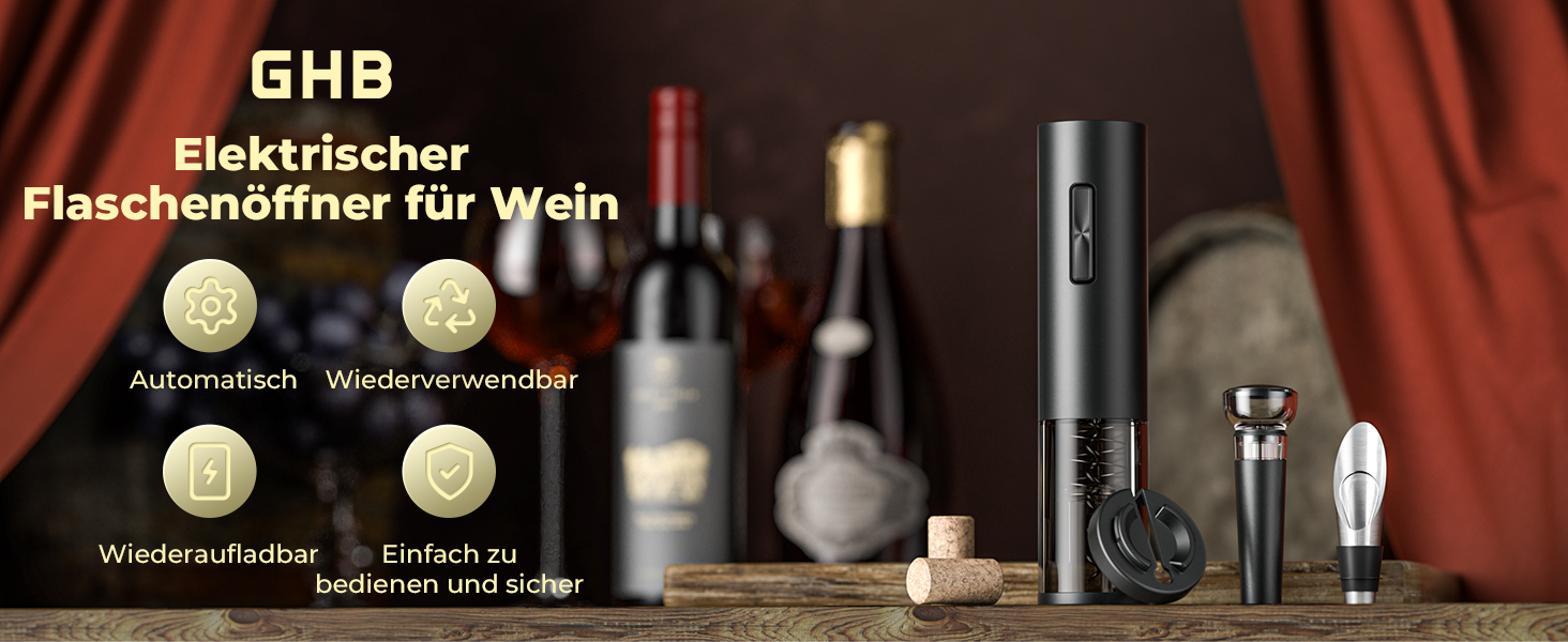 Електричний відкривачка для вина GHB 6-в-1 з USB-зарядкою, зрізач фольги, виливає вино та вакуумний затвор. Подарунок для поціновувачів вина