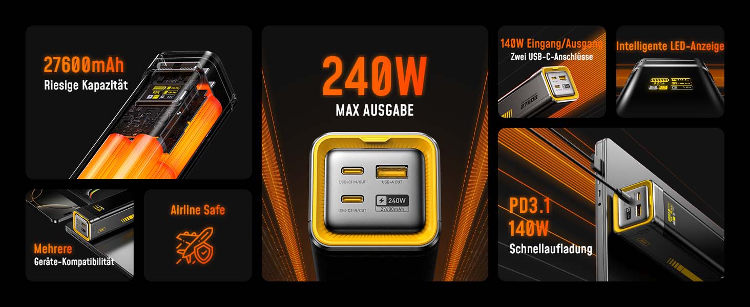 Power Bank AOHI 240W для ноутбуків 27600mAh (99.3Wh) з підтримкою PD 3.1. Ідеально для MacBook Pro, iPad Pro, iPhone, Galaxy, Steam Deck. Сірий колір.