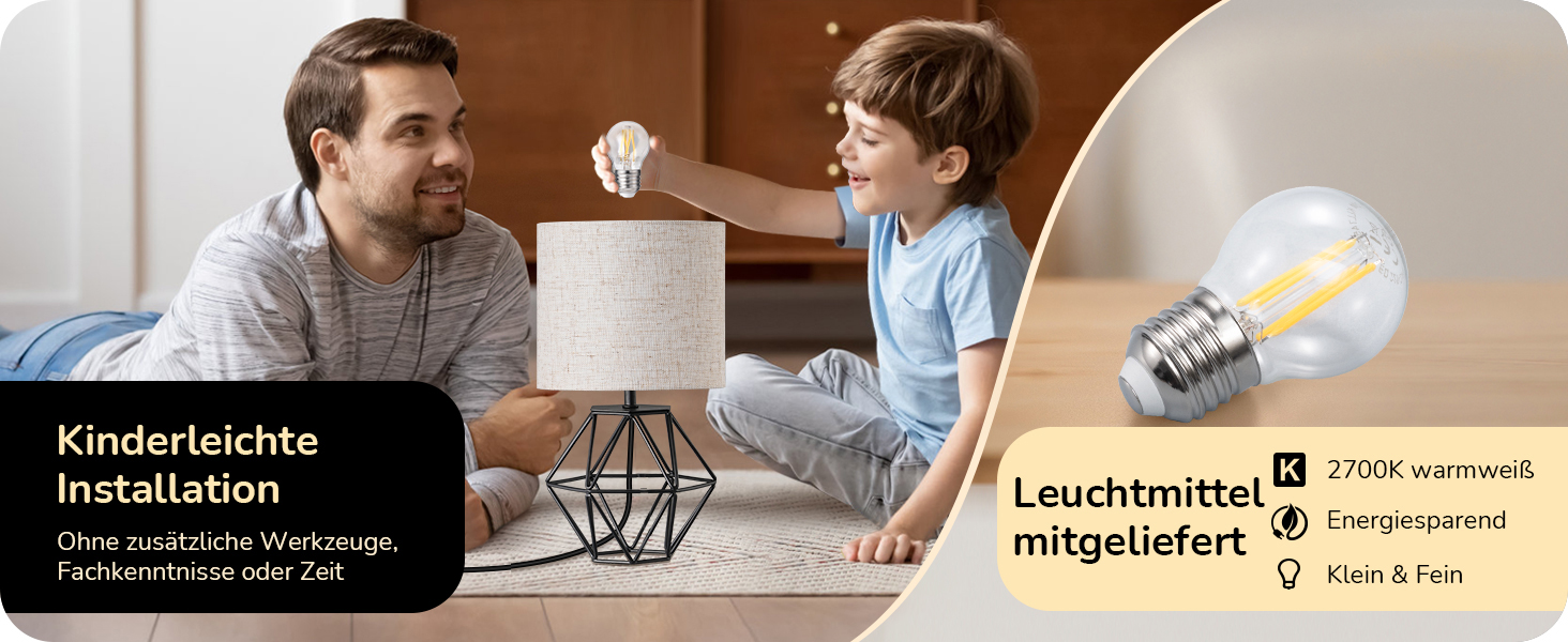 EDISHINE Настільна лампа - Сучасний індустріальний дизайн, E14 цоколь, вінтаж, для спальні/вітальні, білий & золотий (льон + чорний)