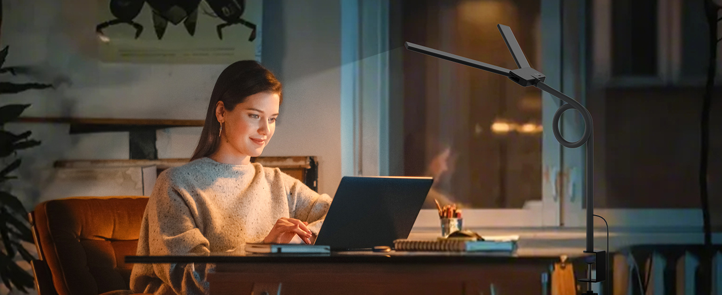 LED настільна лампа Rigors 60 см з регулюванням яскравості, 900 лм, денне світло, захист очей, 5 кольорів, 10 рівнів яскравості, гнучкий 360° шийка, з мережевим адаптером, чорний