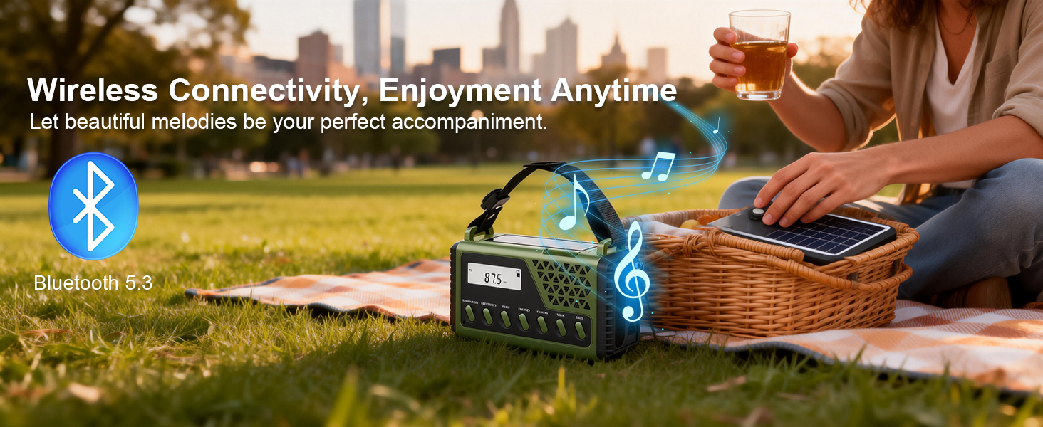 Сонячне радіо на ручку з Bluetooth, AM/FM/SW аварійне радіо з Powerbank 10000mAh, радіо на батарейках з SOS-сигналом, компас, LED-ліхтарик, лампа для читання, для відключення електроенергії, виживання, кемпінгу