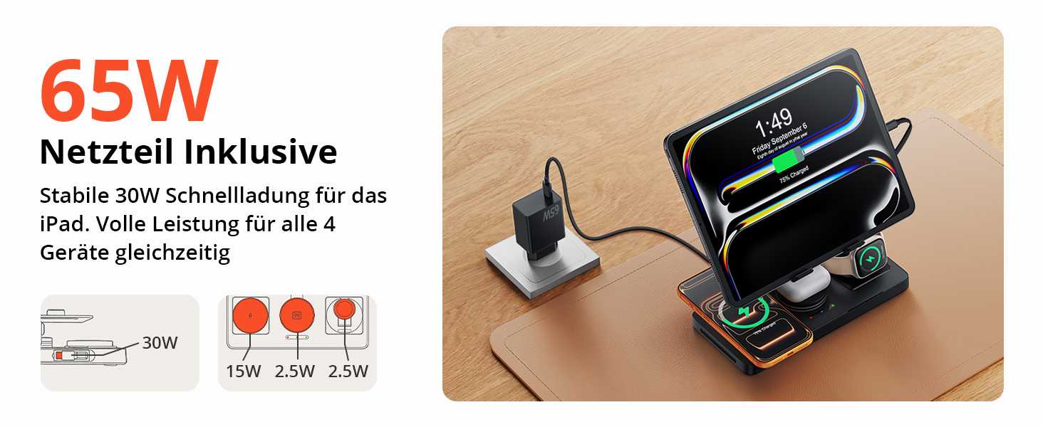 Зарядна станція GEEKERA 4-в-1 для Apple: магнітне індуктивне зарядне для iPhone, iPad, Apple Watch та AirPods, вбудований кабель, металевий чорний