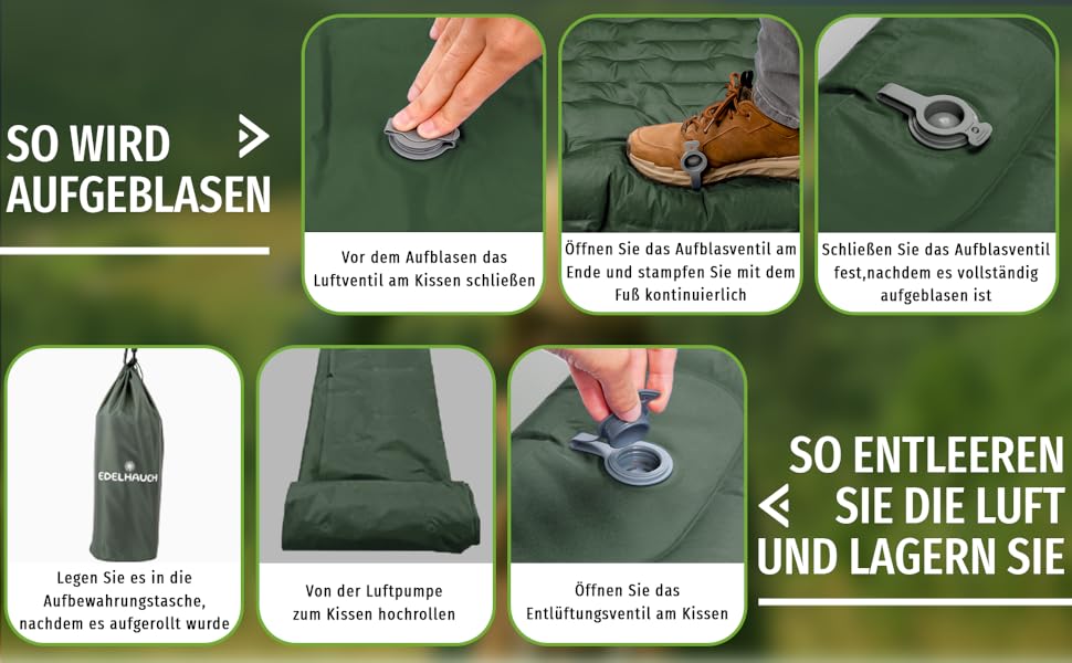 Isomatte Ultraleicht 12 см, складана з інтегрованим насосом та подушкою – килимок для кемпінгу, автомобільна матрац, повітряна матрац, зелений