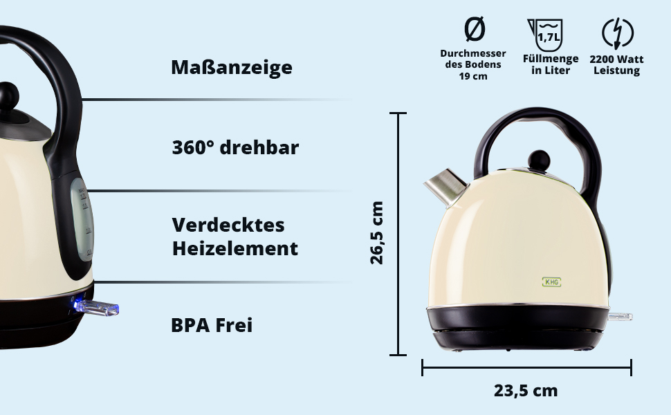 Електричний чайник KHG WK-1711 Retro, 1.7 л, кремовий колір, 360° підставка, фільтр від накипу, індикатор рівня води, захист від сухого кип'ятіння, прихований нагрівальний елемент, LED-підсвітка, 2200 Вт, 220 В