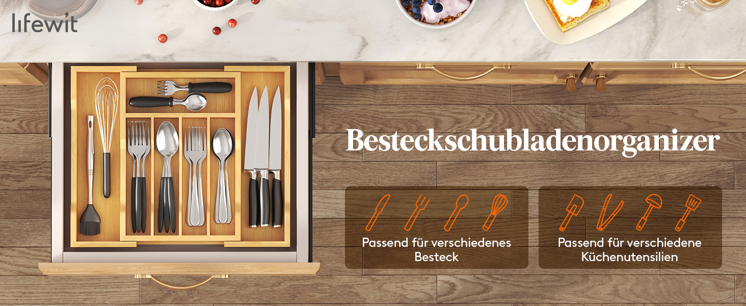 Органайзер для столових приборів Lifewit для шухляд 43 см, дерев'яний, для кухні (24-40 см)