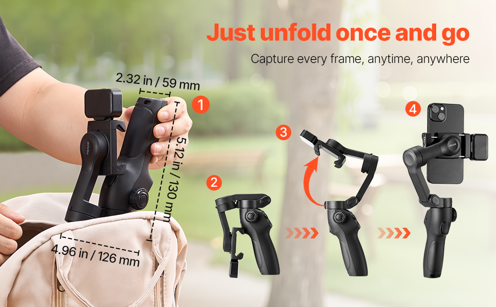 Стабілізатор Gimbal для смартфона VEVOR, 3-осьова стабілізація, трекінг облич/об'єктів, штатив, портативний та складаний, для відеозйомки, DC 3.5–4.2V (вбудована світлодіодна лампа, керування через додаток)