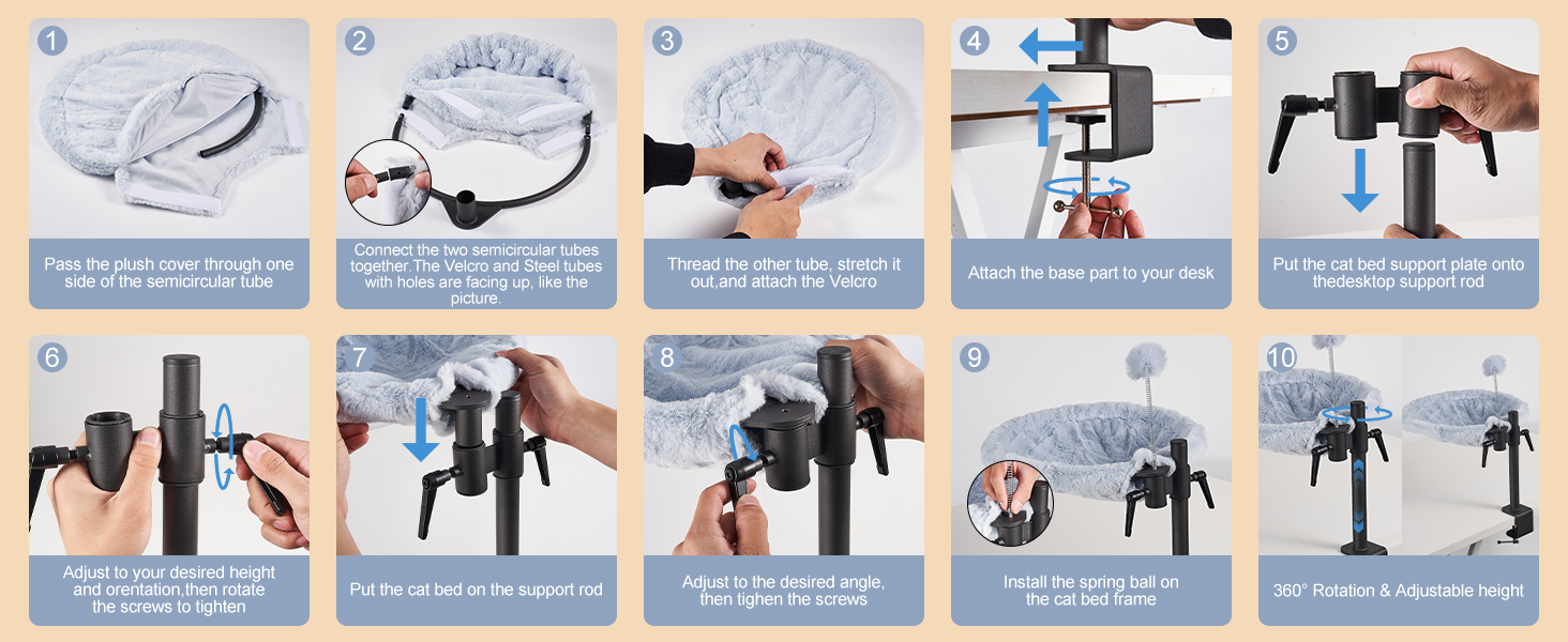 Кішка ліжко на стіл Odoland - 360° обертається та регулюється по висоті, м'яка гамак для котів з 2 знімними чохлами, місце для сну для дому/офісу - для цілорічного використання (Сірий)