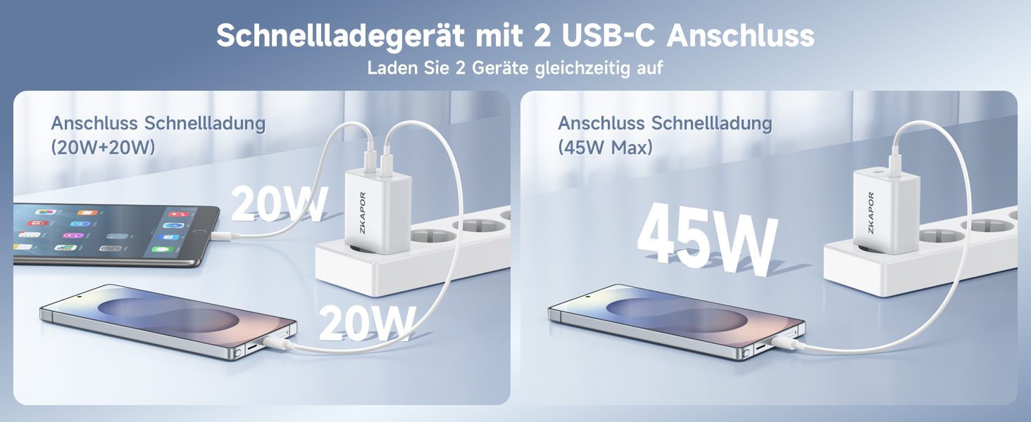 Мережевий зарядний пристрій ZKAPOR з USB-C, 4 порти, 45W, білий. Підходить для iPhone 16/15/14, Samsung Galaxy, Huawei, iPad.