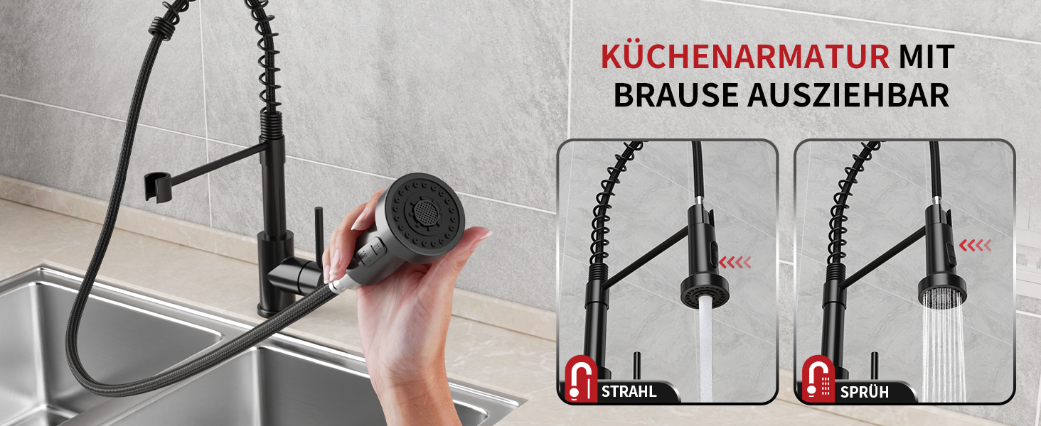 Кухонний змішувач Rainsworth з нержавіючої сталі, чорний, з висувною лійкою та двома струменями, 360° обертання, 45 см