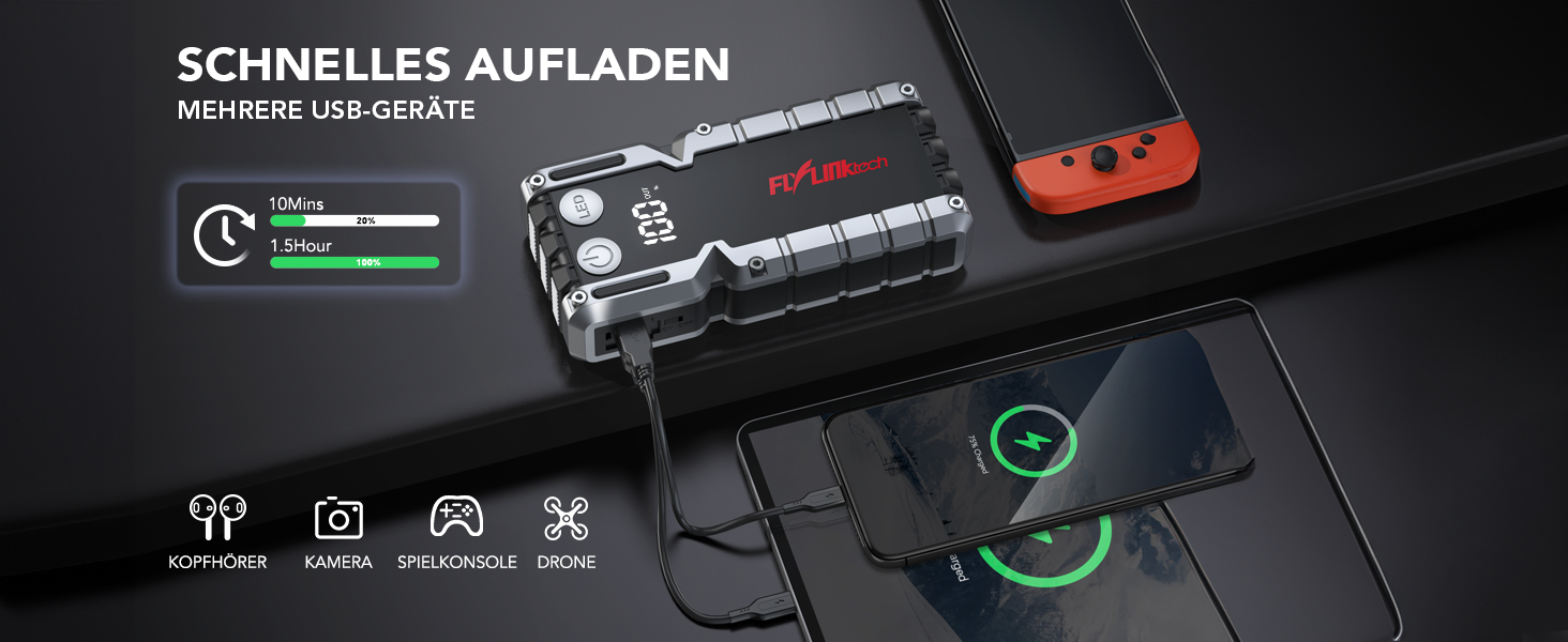 Powerbank Flylinktech CF900 для автозапуску з LCD-дисплеєм, 7000A, LED-ліхтарик, USB 3.0 (до 9.0L бензин/8.0L дизель)