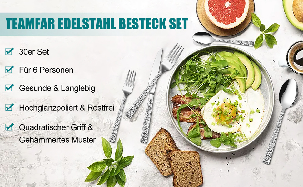 Набір столових приборів TEAMFAR, 30 предметів, нержавіюча сталь, полірована, для 6 осіб. Ідеально для дому, ресторану, вечірки. Сучасний набір з ножем, виделкою, ложкою. Безпечний, можна мити в посудомийній машині.