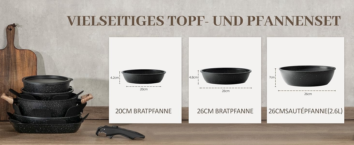 Набір посуду керамічний 23 предмети з антипригарним покриттям та знімними ручками, чорний. Підходить для всіх типів плит, включаючи індукційні. Сковороди 20/26 см, каструля 18 см, сотейник 24 см, жароміцний.