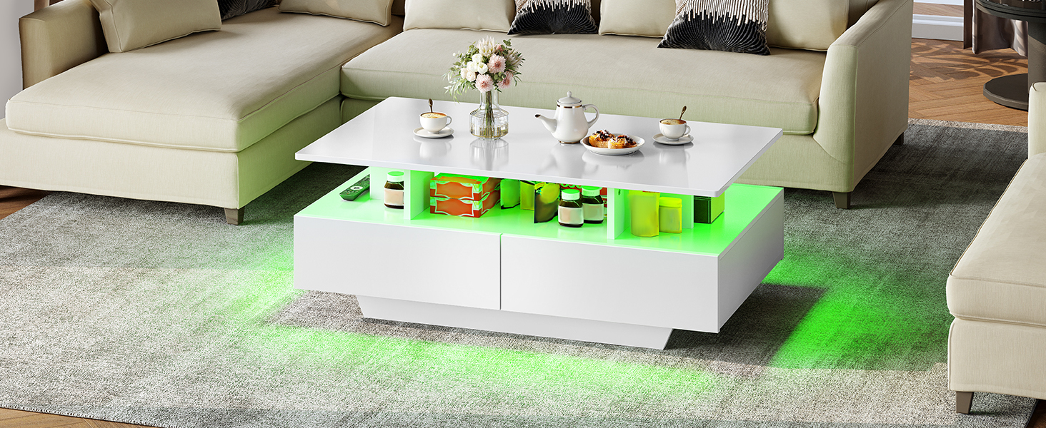 Журнальний стіл YITAHOME білий, глянець, з LED-підсвіткою 16 кольорів, сучасний стіл для вітальні з відкритою полицею і 4 висувними шухлядами, 90x55x41,1 см