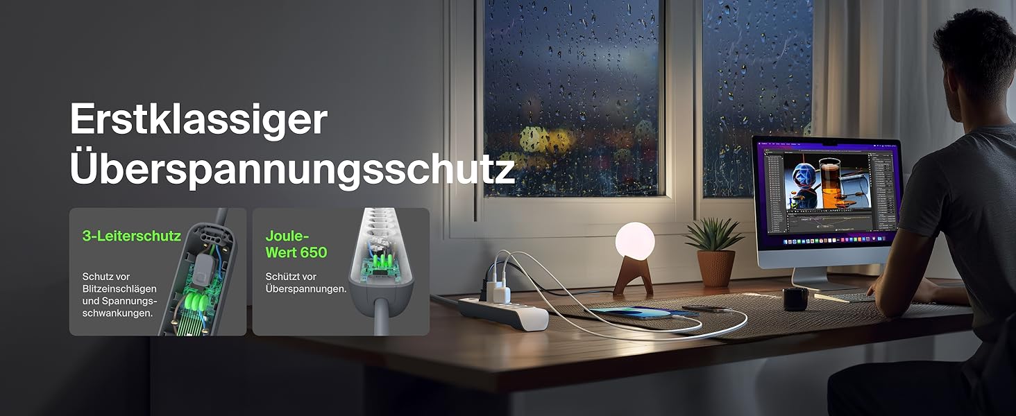 Захисна мережева стрічка Belkin 6-fach з USB, 6 розеток, 650 Дж, 2 м, для дому та офісу