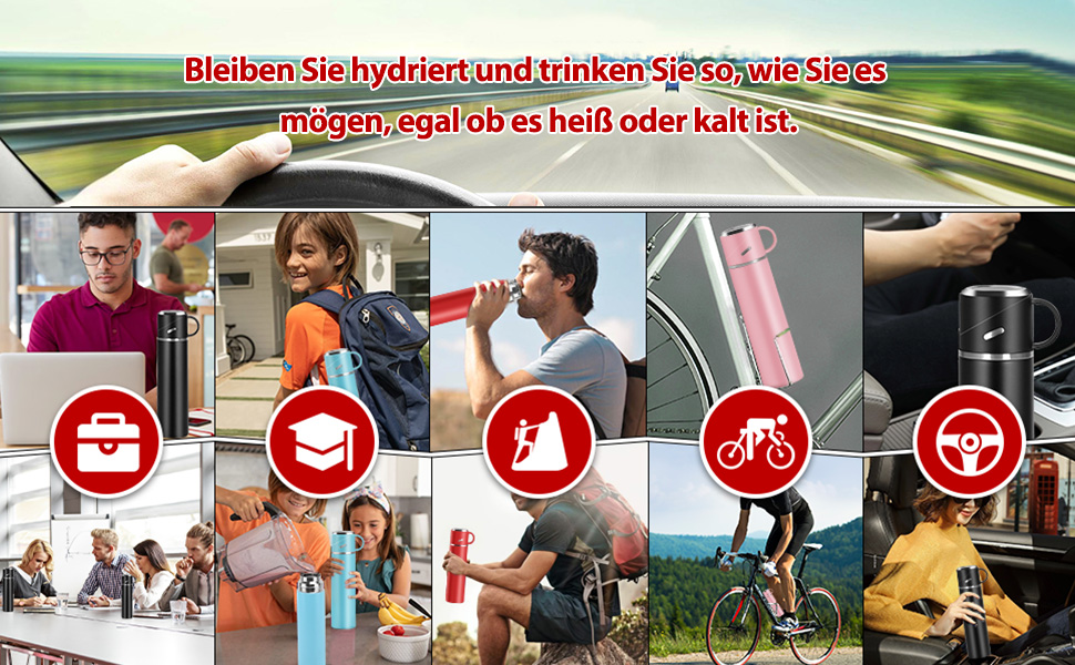 Термос IAGORYUE з нержавіючої сталі, 0.55л, з виливним кришкою та ручкою, подвійні стінки, зберігає тепло/холод до 12 годин, для спорту, офісу, відпочинку на природі (червоний)