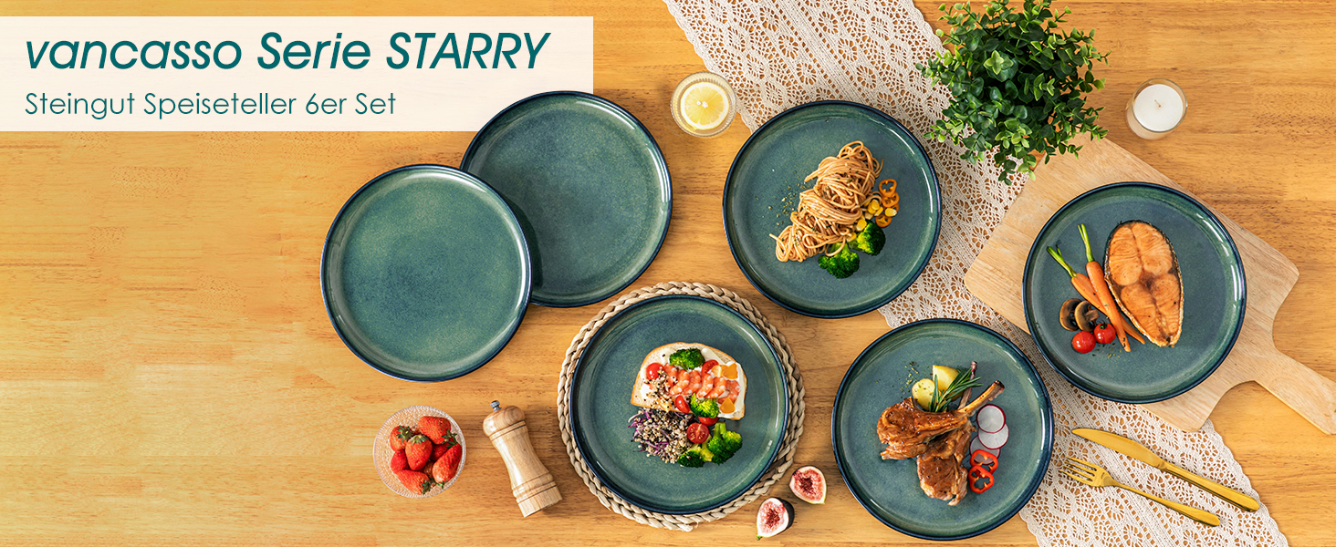 Vancasso Starry 24-Piece Stoneware Dinnerware Set - 6 Person Blue Tableware Set with Plates, Bowls & Dessert Plates
