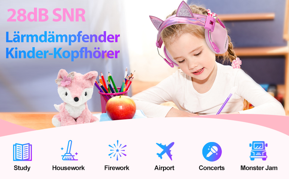 Навушники для захисту від шуму для дітей - пасивні навушники, капсулятори для школи, SNR 28dB, для аутизму, сну, навчання, гри на барабанах, рожеві