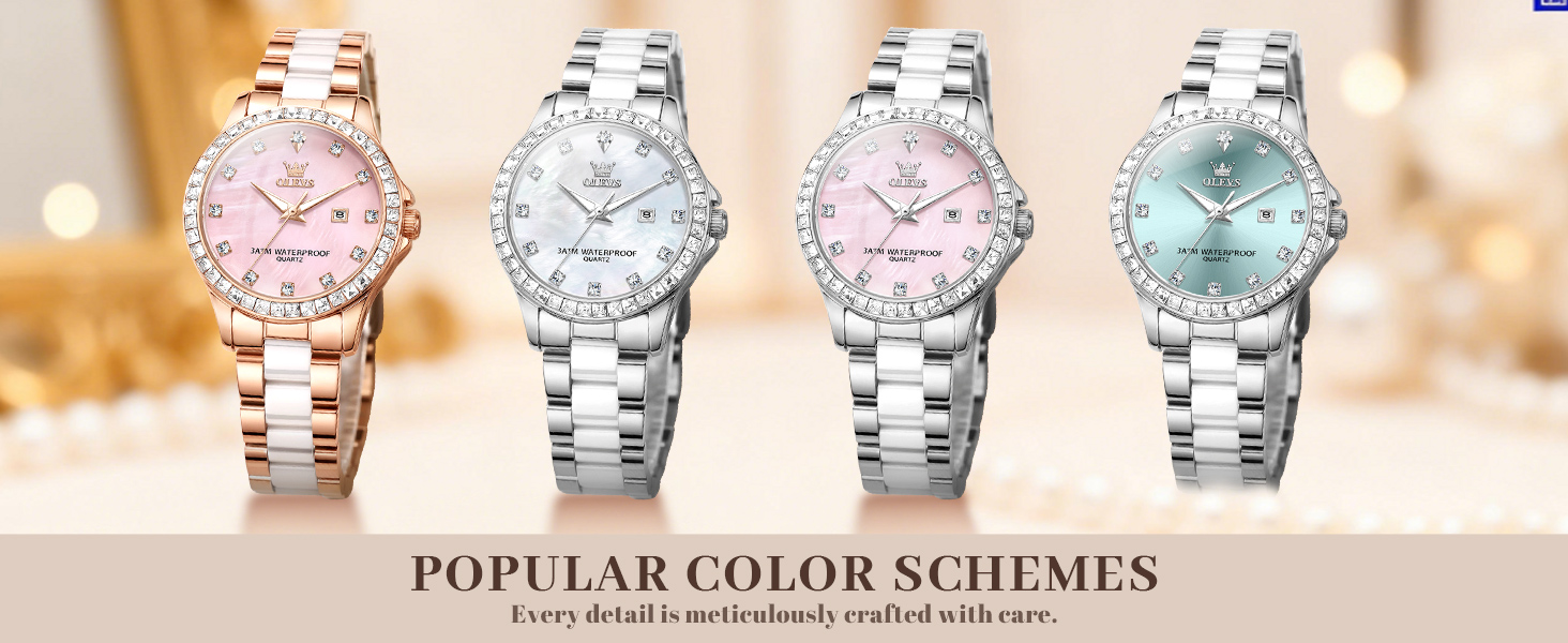 Годинник жіночий OLEVS з діамантами, елегантний, розкішний, на рожевому ремінці з керамічним склом (3651 Roségold)