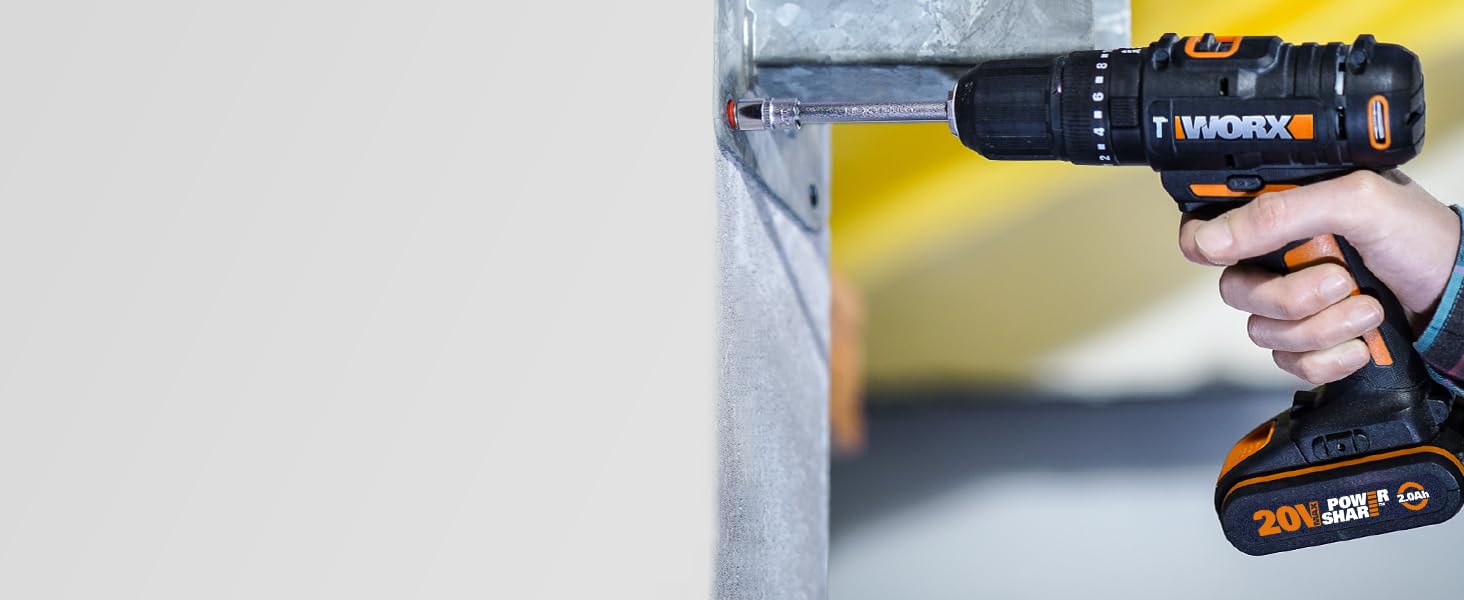 WORX NITRO WX352 акумуляторний ударний дриль-шуруповерт 20V - безщітковий двигун - для шурупування, свердління та ударного свердління - 60Nm - 2-швидкісне редуктор - з LED-підсвіткою - комплект з 2x20V 2Ah акумуляторами та 2A швидким зарядним пристроєм