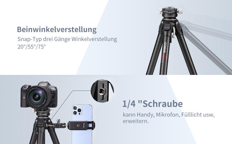 Карбоновий штатив для камери COMAN Zero Y з панорамною кулькою 360° та Arca Swiss, відеоштатив для DSLR, висота 15.3–156.7 см, навантаження до 18 кг