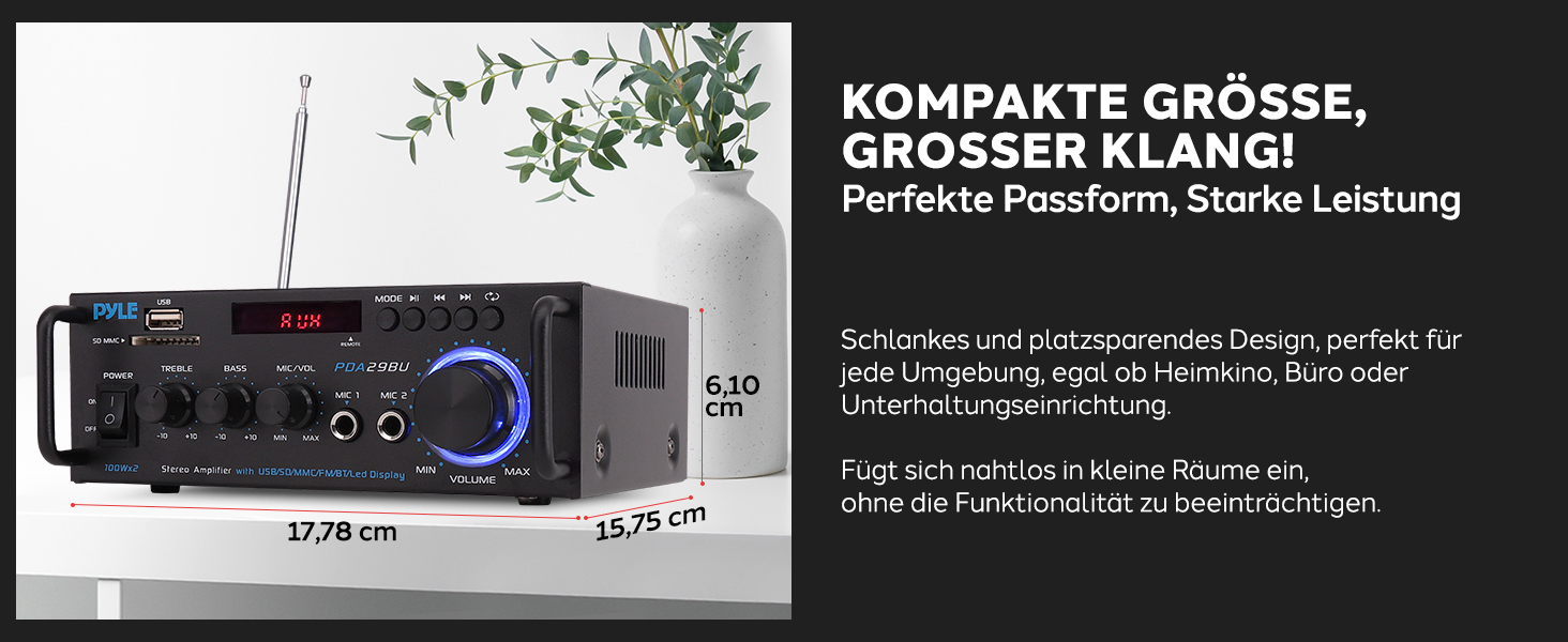 Pyle підсилювач 200Вт, стерео Bluetooth, 2-канальний, RCA, USB, SD, MIC, FM-радіо, регулювання басу та високих, для дому, авто, студії, домашнього кінотеатру