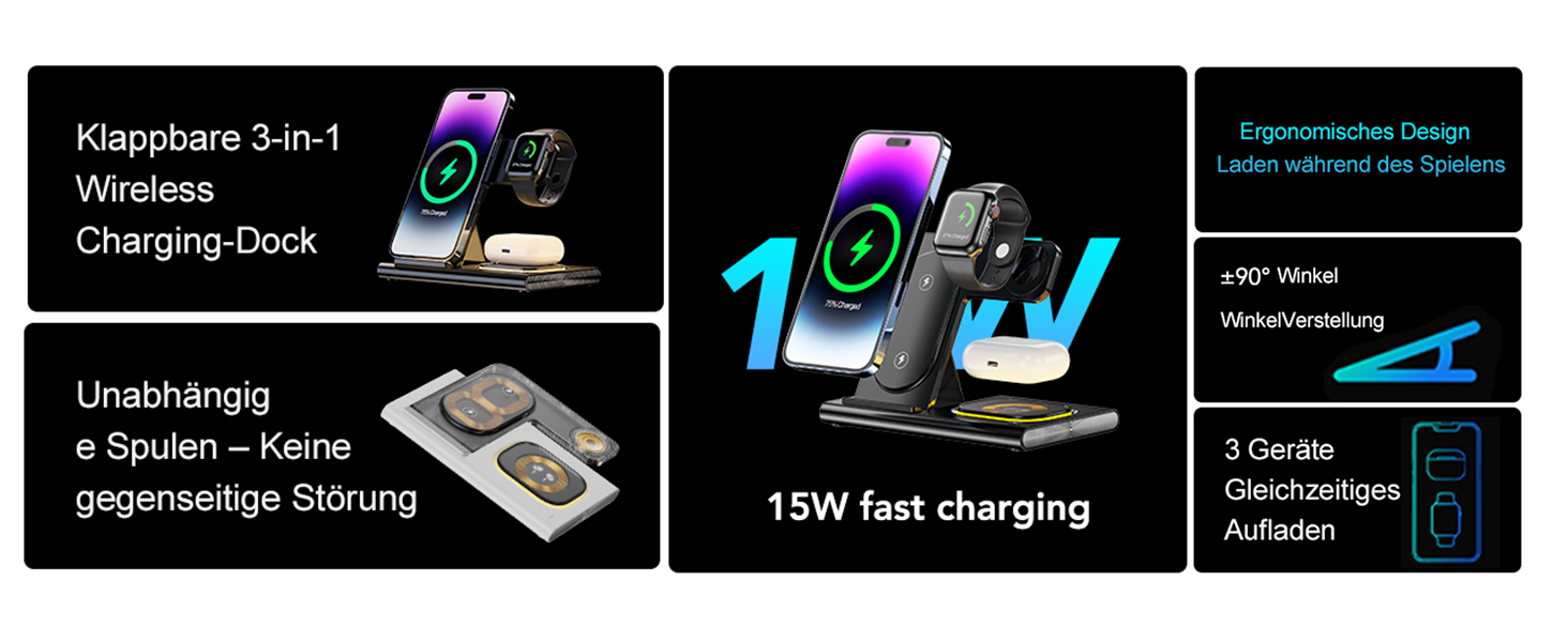 Бездротова зарядка Aimtel 3-в-1 з нічними ліхтариками: сумісна з iPhone 17/17 Pro/17 Pro Max/17 Air та Apple Watch, Air-Pods Pro/4/3/2. Чорний колір