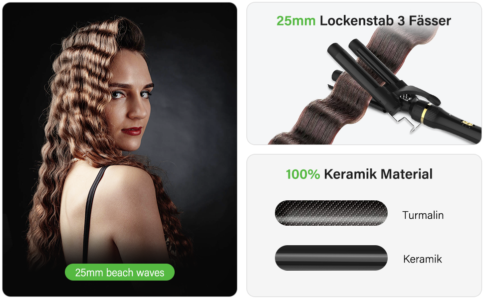 Janelove Welleneisen 3 Fässer: Керамічний локон для волосся 10-32 мм, 180°C/210°C, 5-в-1, з рукавичкою та кліпсами (Чорний)