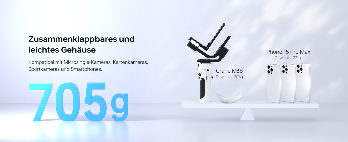 ZHIYUN Crane M3S: Стабілізатор камери з підсвічуванням 1000Lux, Bluetooth, дисплеєм 1.22' та вагою 705г. Підходить для DSLR, беззеркальних камер, смартфонів та екшн-камер.