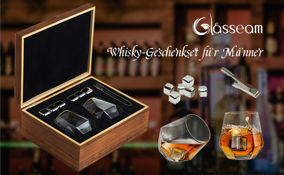 Набір келихів для віскі Glasseam (10 шт.) з каменями для охолодження, подарунковий набір для чоловіків, тата, на День батька, ювілей, весілля, для скотчу та бурбону