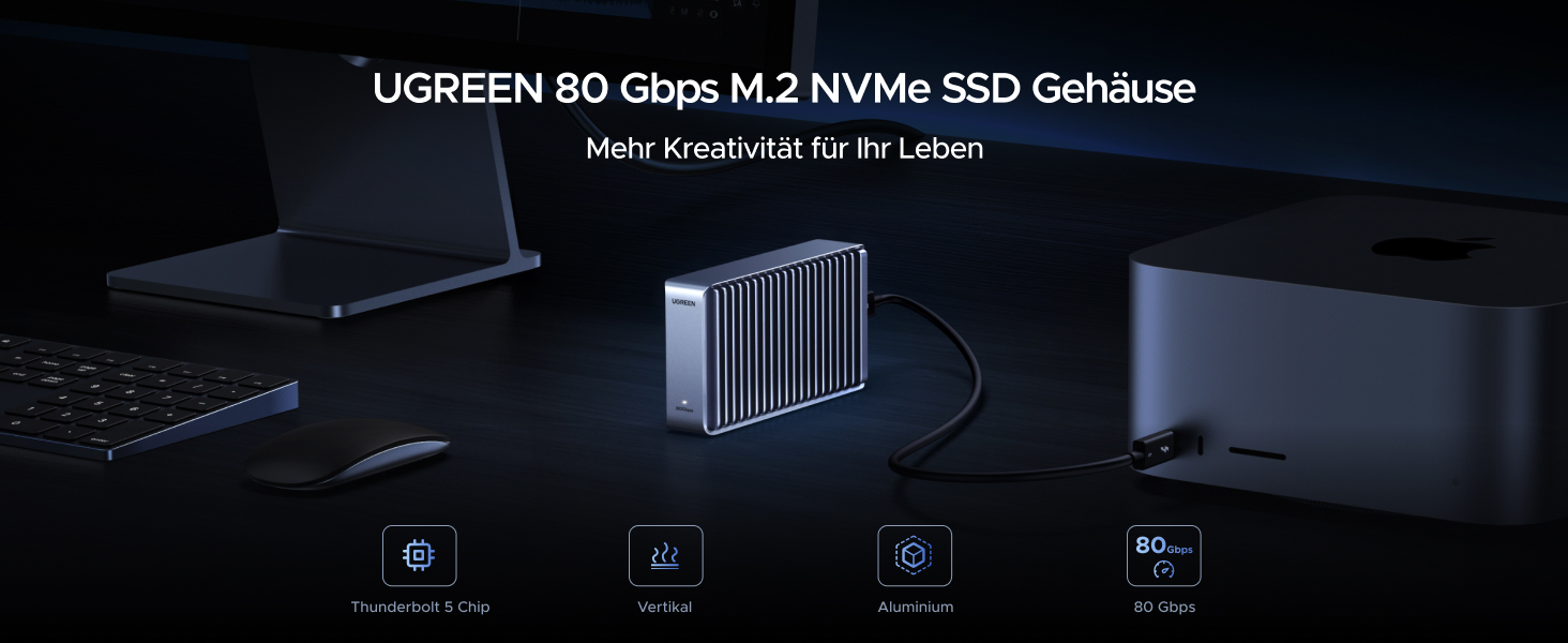 Зовнішній корпус для M.2 NVMe SSD UGREEN 80Gbps, сумісний з Thunderbolt 5/4 та USB4