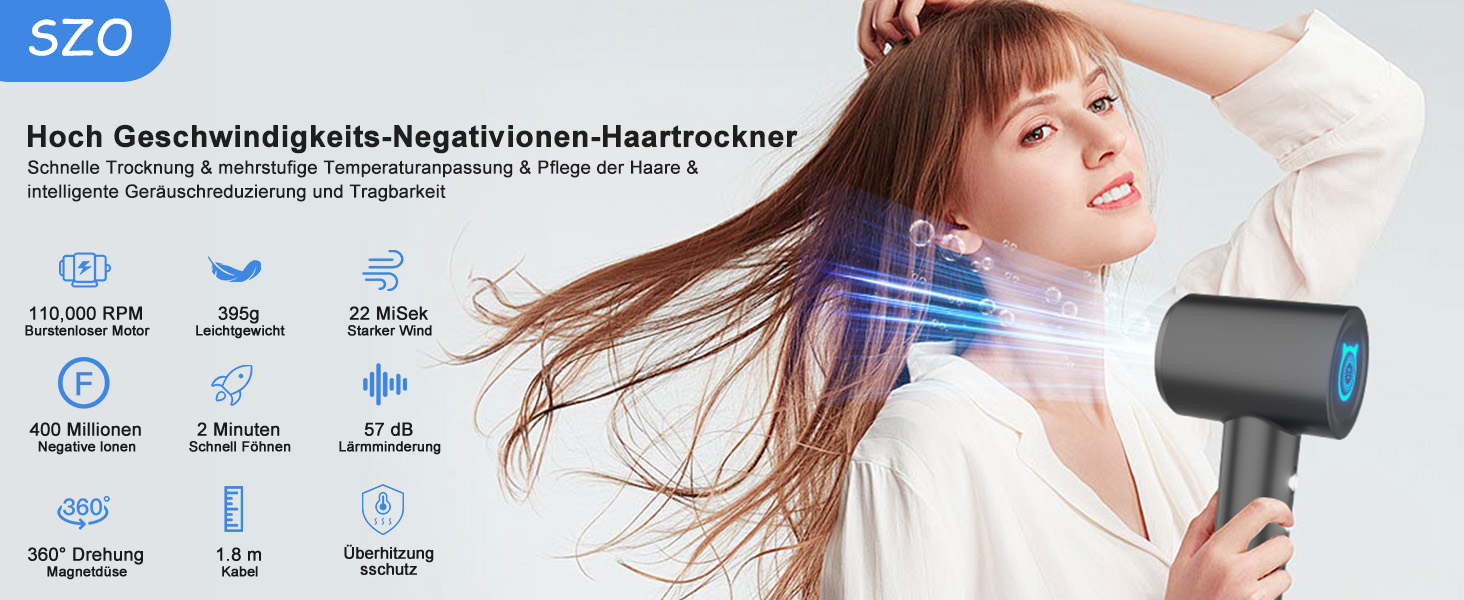 Супершвидкий фен Supersonic з іонізацією 200 млн негативних іонів, 110 000 обертів/хв безщітковий двигун, низький рівень шуму 57dB, інтелектуальна стабільна температура для подорожей та дому, чорний