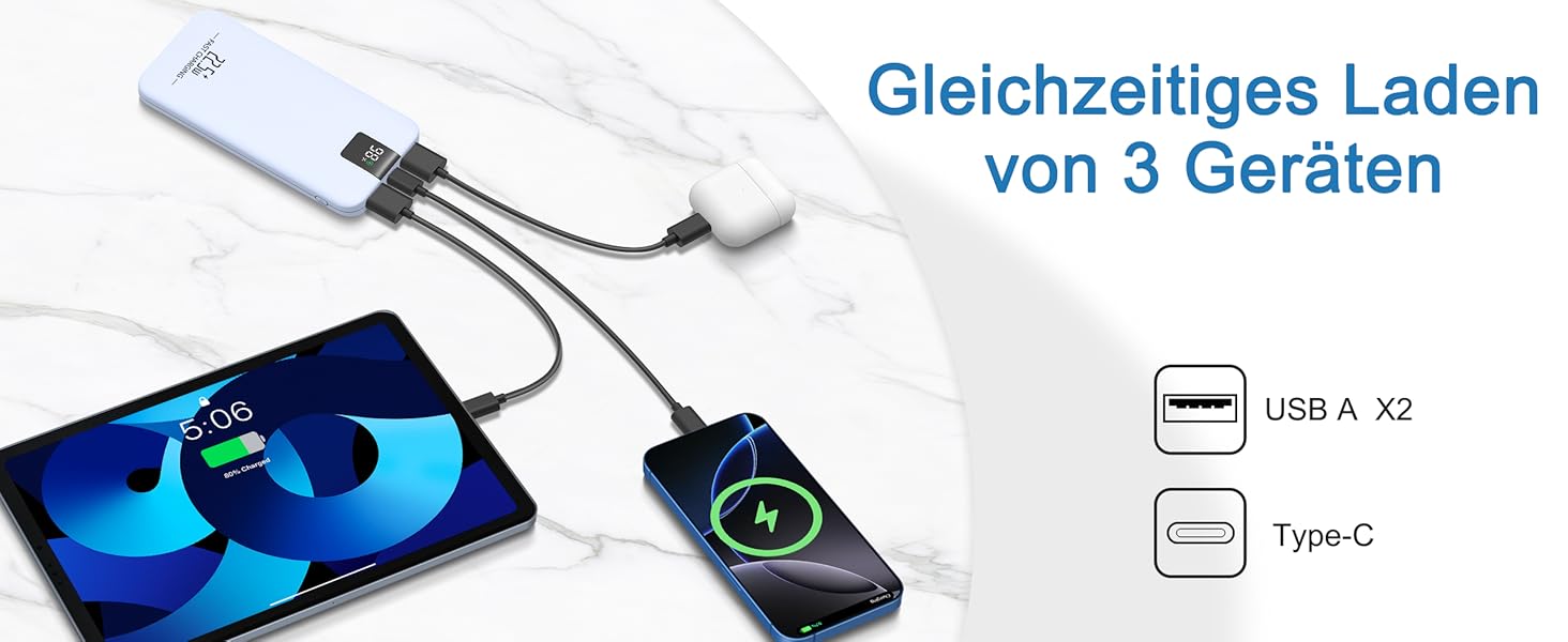 Powerbank 10000mAh 22.5W з LCD-дисплеєм: швидка зарядка, 3 виходи, 2 входи, USB-C, для смартфонів та планшетів (блакитний)