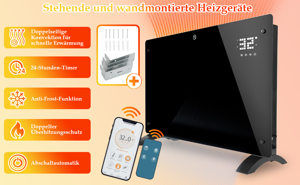 Скляний конвекторний обігрівач Daromigo 2000W з термостатом та Wi-Fi, IP24, настінний, енергозберігаючий, чорний