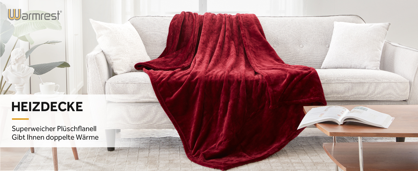 Електрична ковдра Warmrest, фланель, 130x180 см, 6 температурних режимів, таймер 1-10 год, автовимкнення та захист від перегріву, можна прати, 130x180 см (червона)