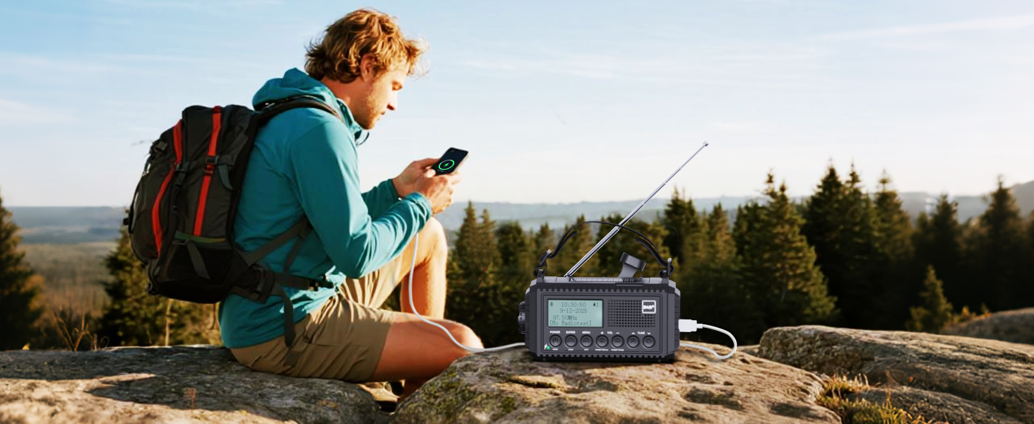 Радіо DAB/DAB+/UKW з вбудованим акумулятором 5000mAh, сонячне, аварійне, з USB-зарядкою, для кемпінгу, з LED-ліхтариком, SOS-сигналом, ручне, портативне, чорне