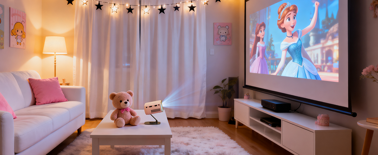 Портативний проєктор KSBABY Outdoor LED, міні проєктор для перегляду фільмів на вулиці, сумісний з HDMI, USB, ноутбуком, TV Stick, iOS та Android. Рожевий.