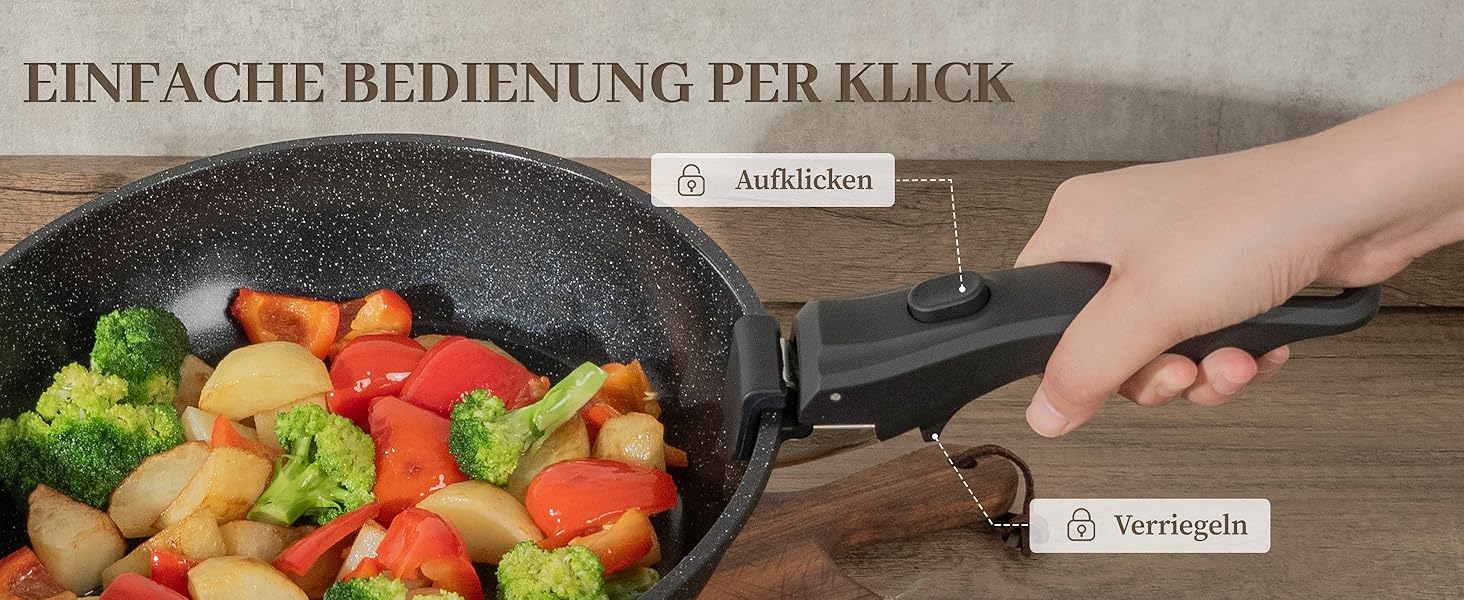 Набір посуду керамічний 23 предмети з антипригарним покриттям та знімними ручками, чорний. Підходить для всіх типів плит, включаючи індукційні. Сковороди 20/26 см, каструля 18 см, сотейник 24 см, жароміцний.