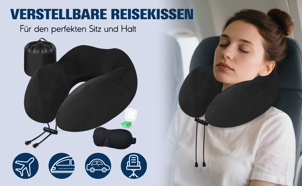 Подушка для шиї у вигляді звірка, Memory Foam, для дорослих, з маскою для сну та берушами, для подорожей, літака, офісу, авто, поїзда (Чорний)