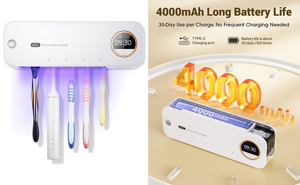 Стерилізатор зубних щіток UV-C та UV-A, настінний тримач з функцією повітряної сушки, для дому та подорожей (білий)