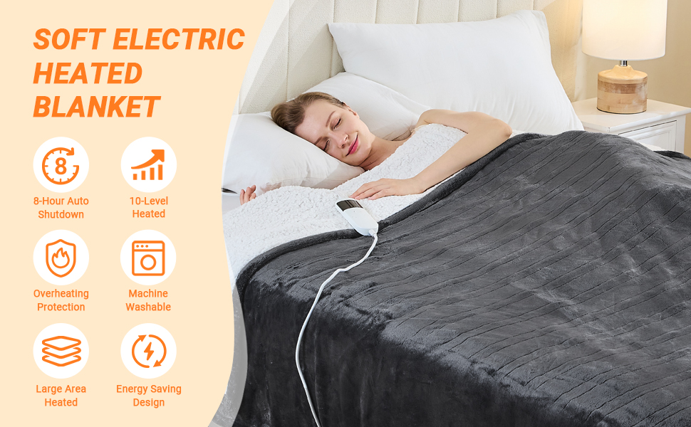 Електрична ковдра з підігрівом 130x180 см з автовимкненням, 10 температурних режимів, захист від перегріву, машинне прання, для холодних ночей, темно-сіра