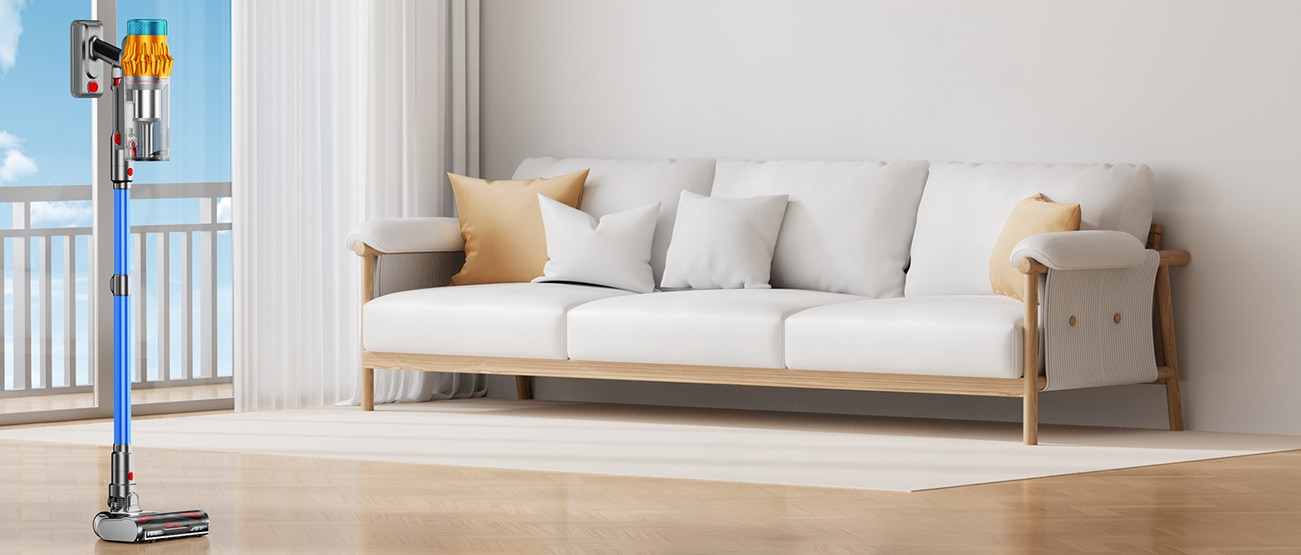 Бездротовий акумуляторний пилосос 600W з потужністю всмоктування 50KPA, 70 хвилин роботи, великий пилозбірник 1,8L, антизаплутана щітка, 8-рівнева фільтрація, підходить для твердих поверхонь, килимів та шерсті тварин, колір - блакитний