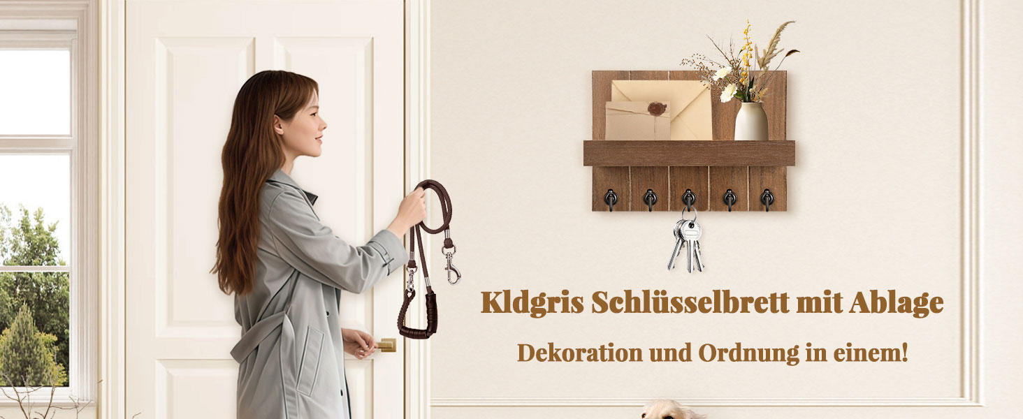 Дерев'яне ключове дощечка з полицею, 5 гачків, для прихожої, спальні, вітальні (колір: коричневий)