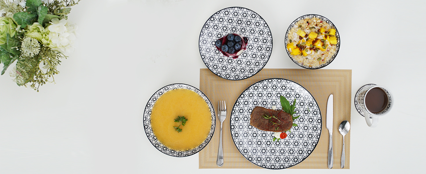 Набір тарілок Vancasso Haruka: 4 супові тарілки з порцеляни, Ø 21 см, 700 мл, чорний + кремовий