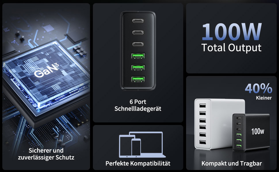 Багатопортовий зарядний пристрій HSSNS USB-C: 100W, 6 портів, швидка зарядка, USB-C та USB-A, для iPad, iPhone та смартфонів, чорний