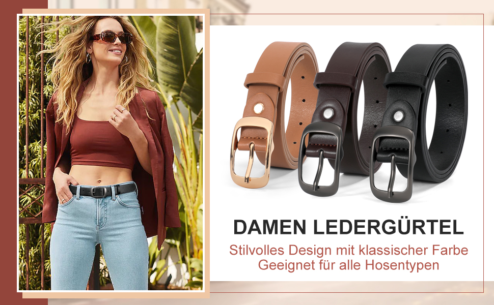 LEACOOLKEY: 2 жіночі шкіряні ремені з пряжкою Gold, для джинсів та штанів, чорний+бежевий, XXL, розмір 117-127 см